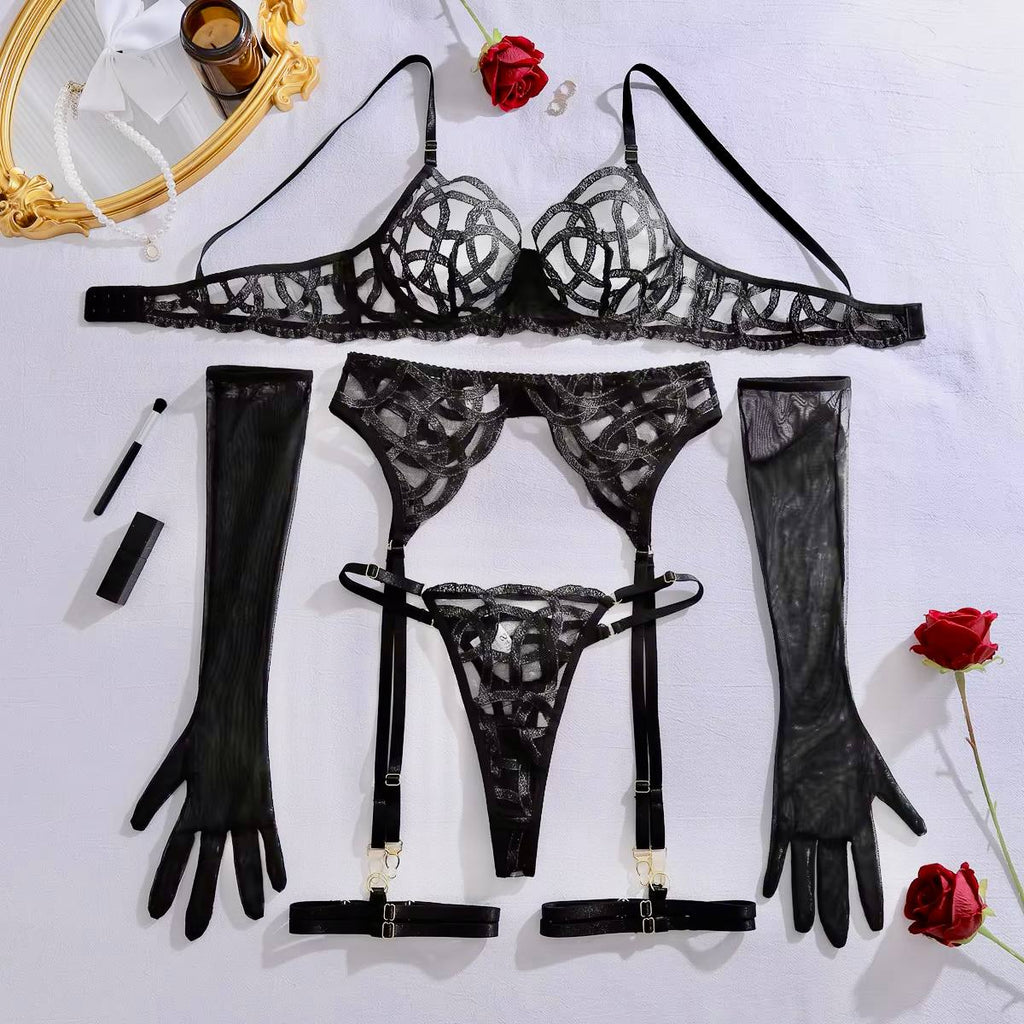 🖤 Midnight Sovereign 4-Piece Lingerie Set with Gloves