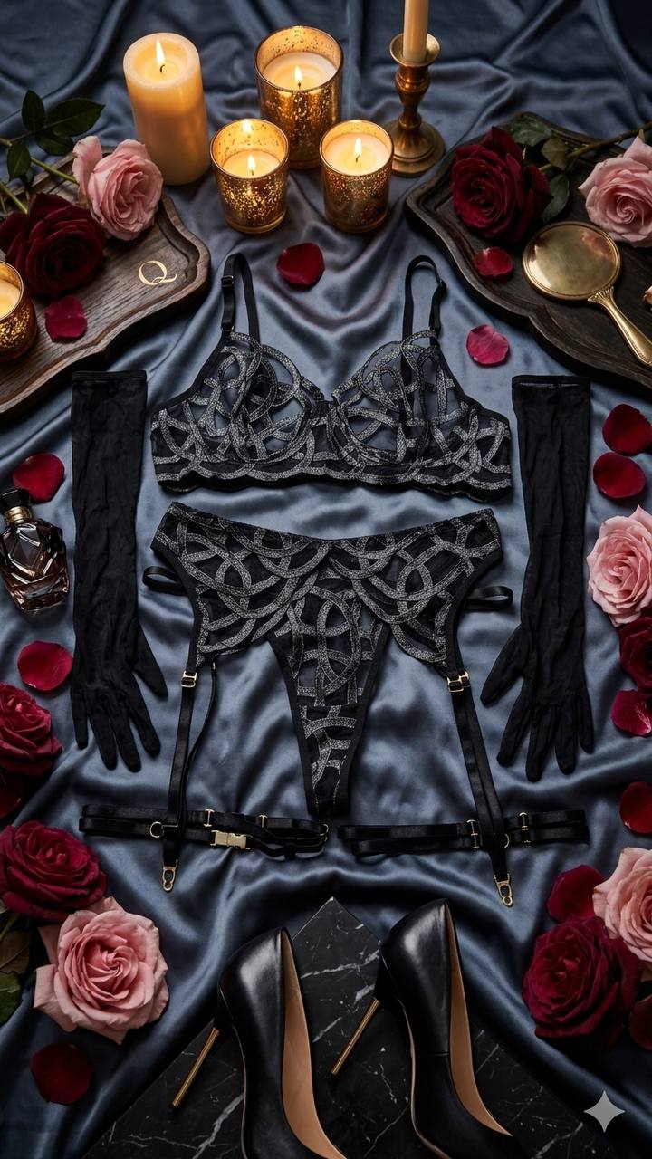 🖤 Midnight Sovereign 4-Piece Lingerie Set with Gloves